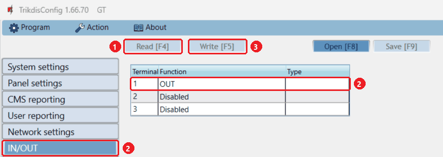 TrikdisConfig, onglet IN/OUT : borne 1 sur OUT, les autres sur Disabled